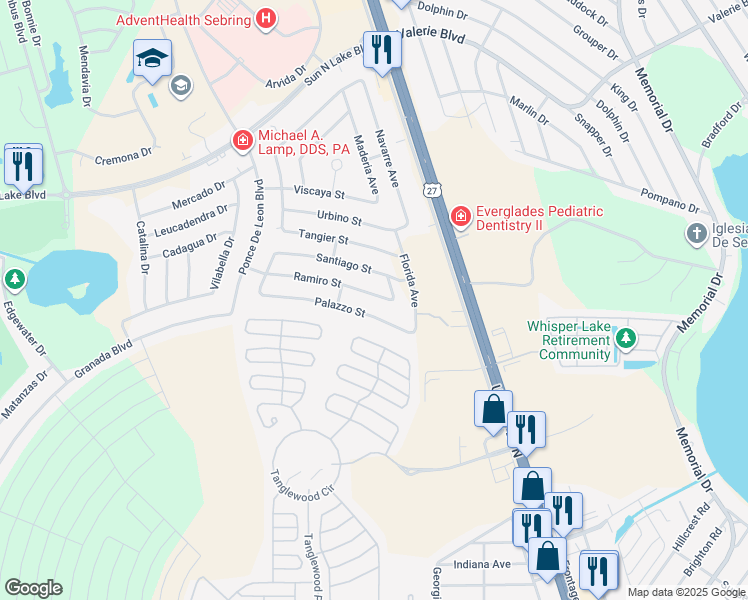 map of restaurants, bars, coffee shops, grocery stores, and more near 3819 Ramiro Street in Sebring