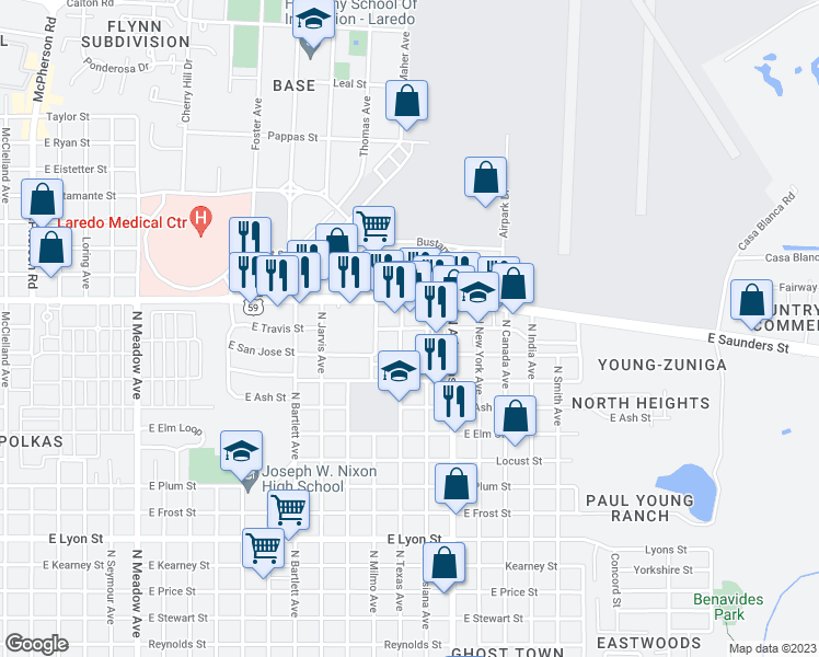 map of restaurants, bars, coffee shops, grocery stores, and more near 2629 East Travis Street in Laredo