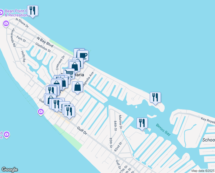 map of restaurants, bars, coffee shops, grocery stores, and more near 520 Kumquat Drive in Anna Maria