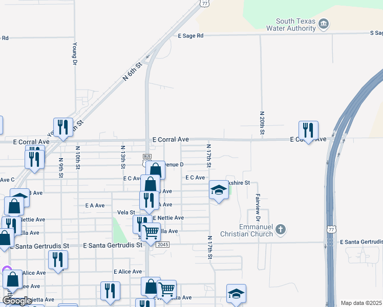 map of restaurants, bars, coffee shops, grocery stores, and more near 1219 East Mesquite Avenue in Kingsville