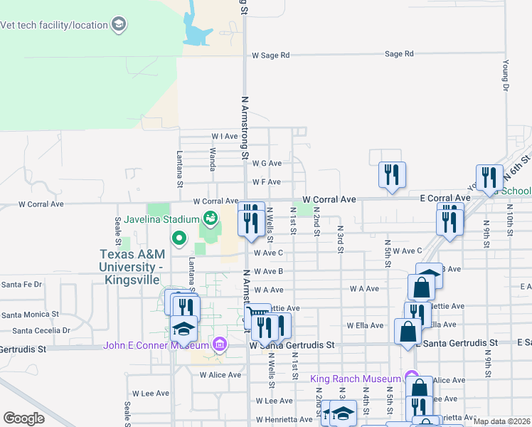 map of restaurants, bars, coffee shops, grocery stores, and more near 700 West Mesquite Avenue in Kingsville