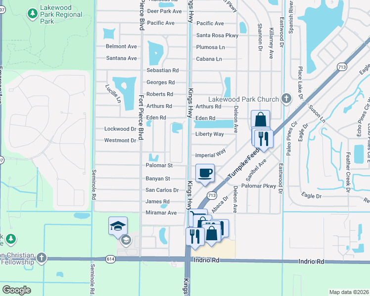 map of restaurants, bars, coffee shops, grocery stores, and more near 5246 Oakland Lake Circle in Fort Pierce