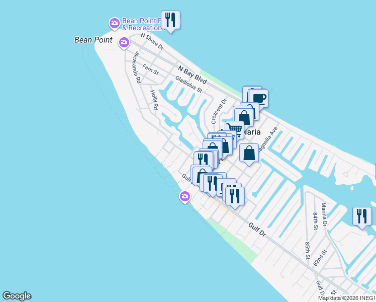 map of restaurants, bars, coffee shops, grocery stores, and more near 403 North Shore Drive in Longboat Key