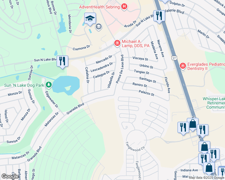 map of restaurants, bars, coffee shops, grocery stores, and more near 3696 Vilabella Drive in Sebring