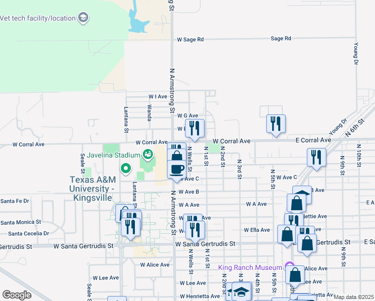 map of restaurants, bars, coffee shops, grocery stores, and more near 700 West Mesquite Avenue in Kingsville