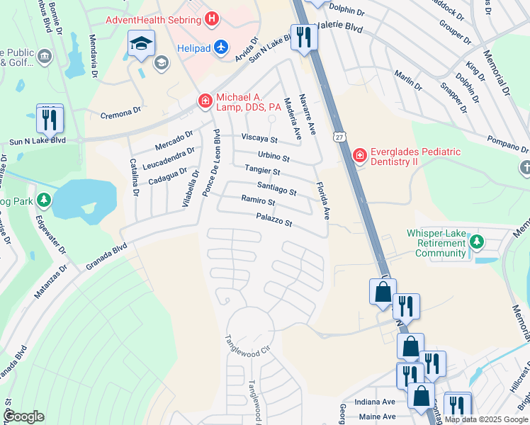 map of restaurants, bars, coffee shops, grocery stores, and more near 4008 Palazzo Street in Sebring