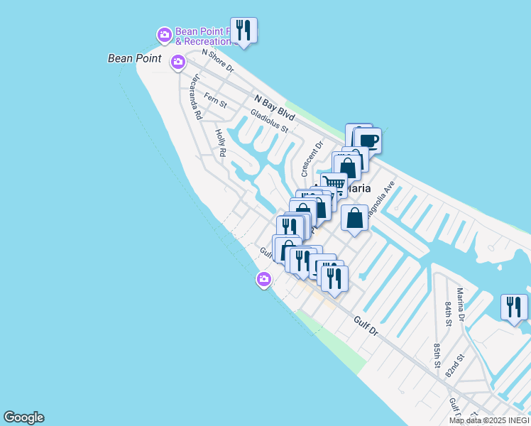 map of restaurants, bars, coffee shops, grocery stores, and more near 403 North Shore Drive in Longboat Key
