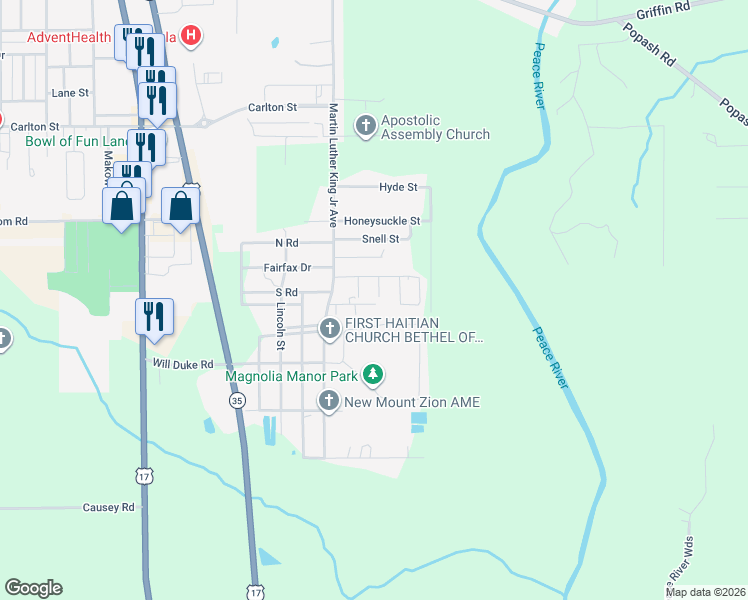map of restaurants, bars, coffee shops, grocery stores, and more near 1230 David Court in Wauchula