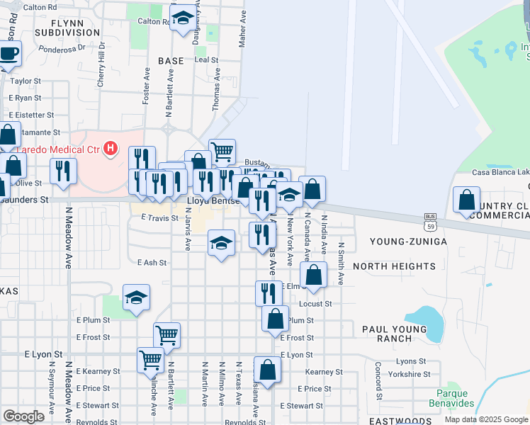 map of restaurants, bars, coffee shops, grocery stores, and more near in Laredo