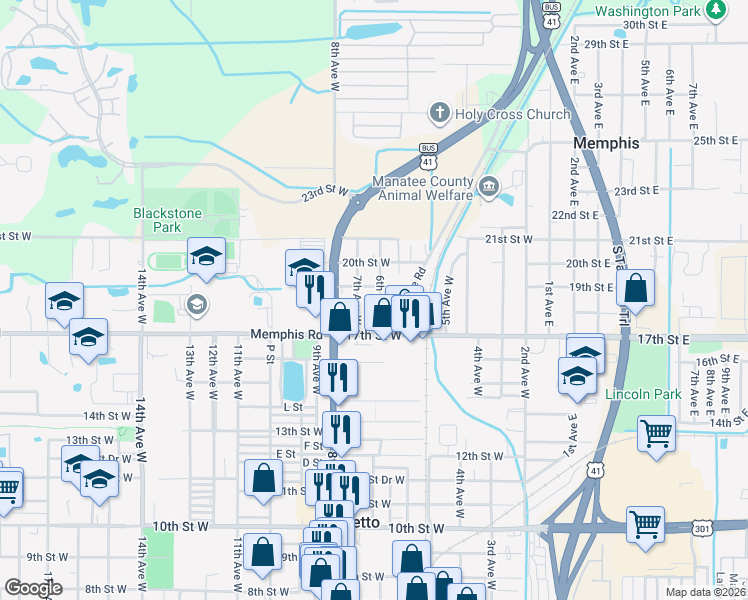 map of restaurants, bars, coffee shops, grocery stores, and more near 1813 6th Avenue West in Palmetto