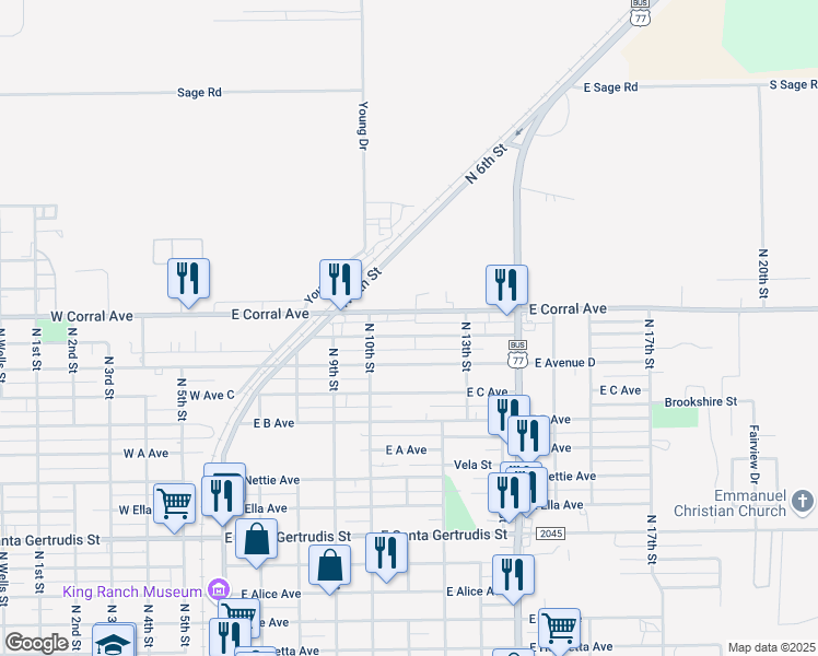map of restaurants, bars, coffee shops, grocery stores, and more near 709 East Mesquite Avenue in Kingsville
