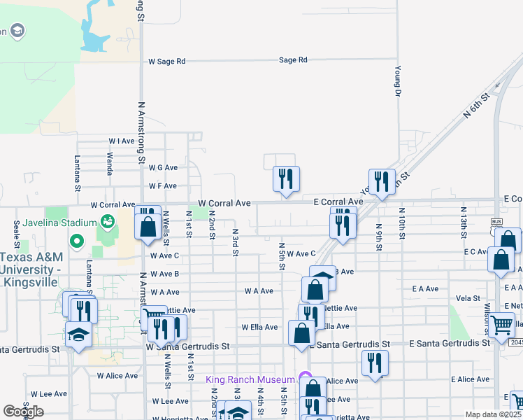 map of restaurants, bars, coffee shops, grocery stores, and more near 221 1/2 West Corral Avenue in Kingsville