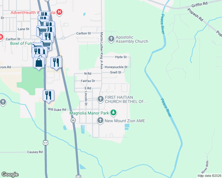 map of restaurants, bars, coffee shops, grocery stores, and more near 1230 David Court in Wauchula