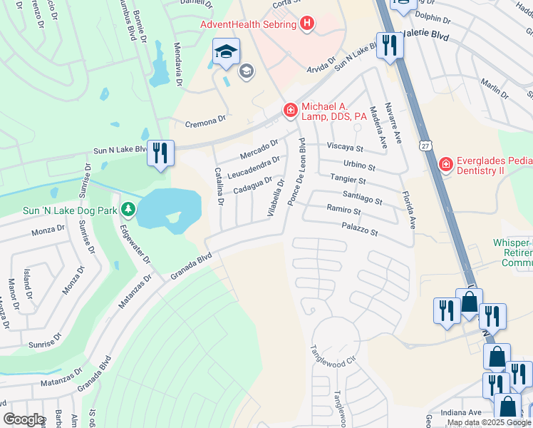 map of restaurants, bars, coffee shops, grocery stores, and more near 3696 Vilabella Drive in Sebring