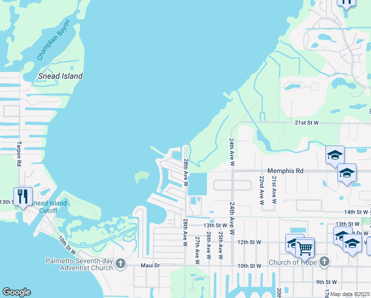 map of restaurants, bars, coffee shops, grocery stores, and more near 123 Bahia Drive in Palmetto