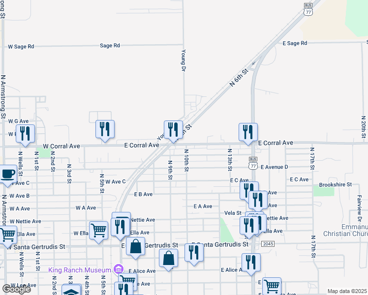 map of restaurants, bars, coffee shops, grocery stores, and more near 600 East Corral Avenue in Kingsville