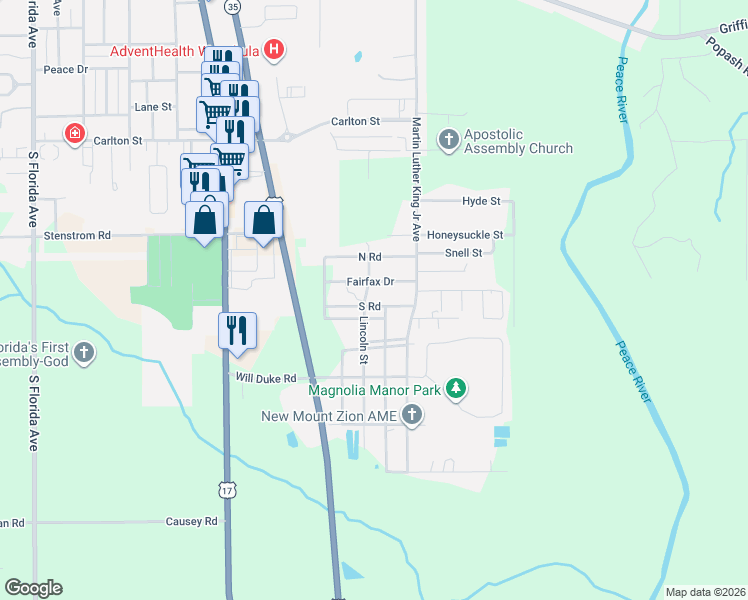 map of restaurants, bars, coffee shops, grocery stores, and more near 504 Fairfax Drive in Wauchula
