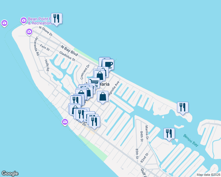 map of restaurants, bars, coffee shops, grocery stores, and more near 518 Magnolia Avenue in Anna Maria