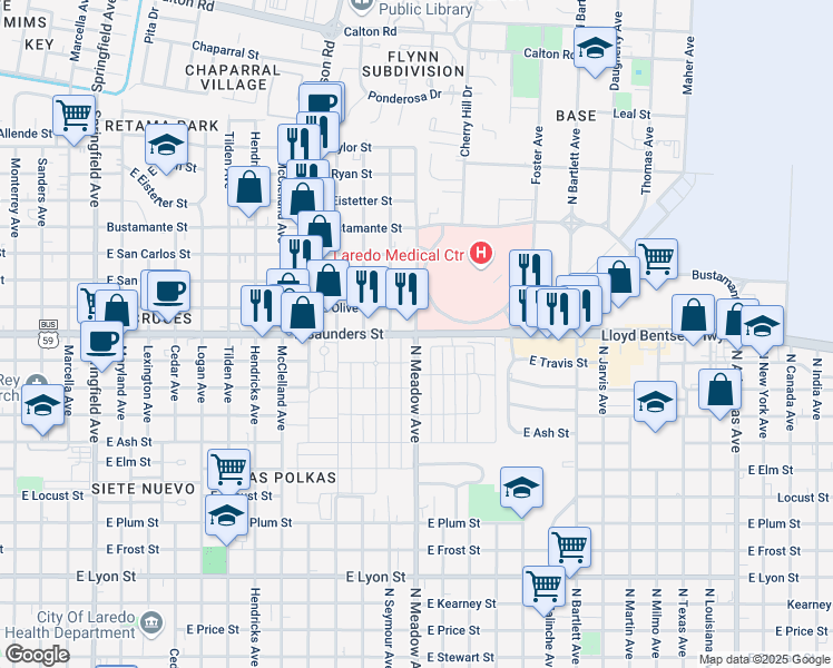 map of restaurants, bars, coffee shops, grocery stores, and more near 1520 East Saunders Street in Laredo