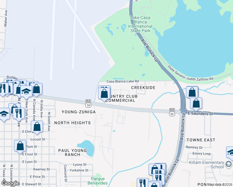 map of restaurants, bars, coffee shops, grocery stores, and more near 102 Country Club Court in Laredo