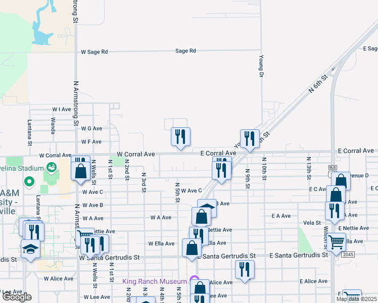 map of restaurants, bars, coffee shops, grocery stores, and more near 150 West Corral Avenue in Kingsville