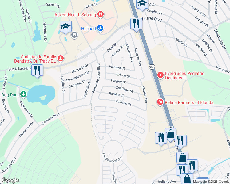 map of restaurants, bars, coffee shops, grocery stores, and more near 4015 Santiago Street in Sebring