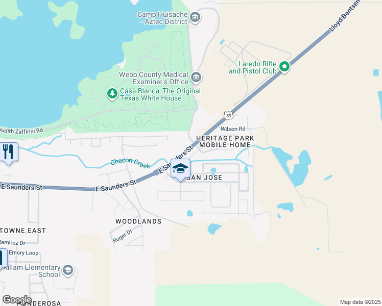 map of restaurants, bars, coffee shops, grocery stores, and more near 614 Independence Drive in Laredo