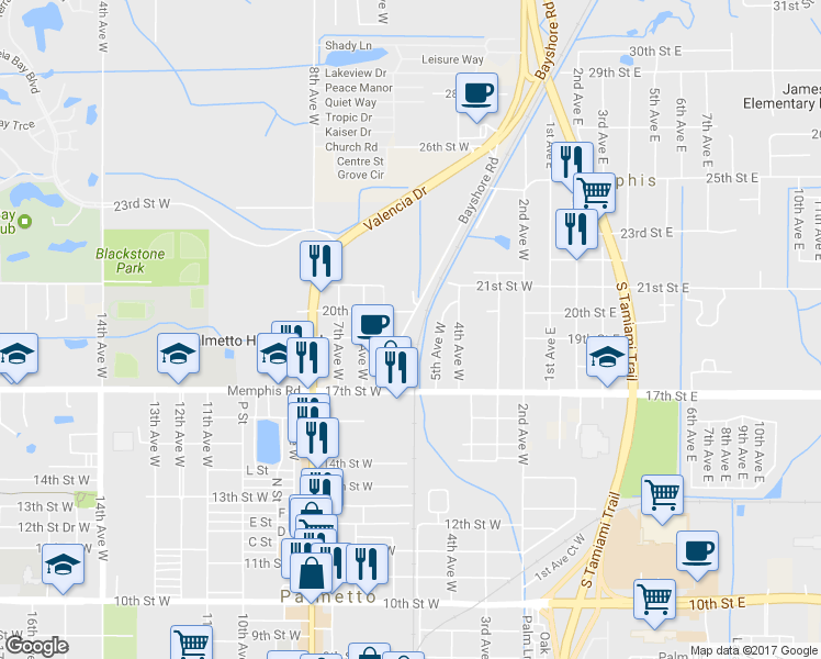 map of restaurants, bars, coffee shops, grocery stores, and more near 1900 Bayshore Road in Palmetto
