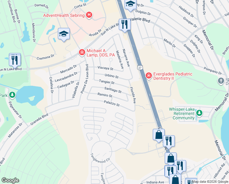 map of restaurants, bars, coffee shops, grocery stores, and more near 3913 Santiago Street in Sebring