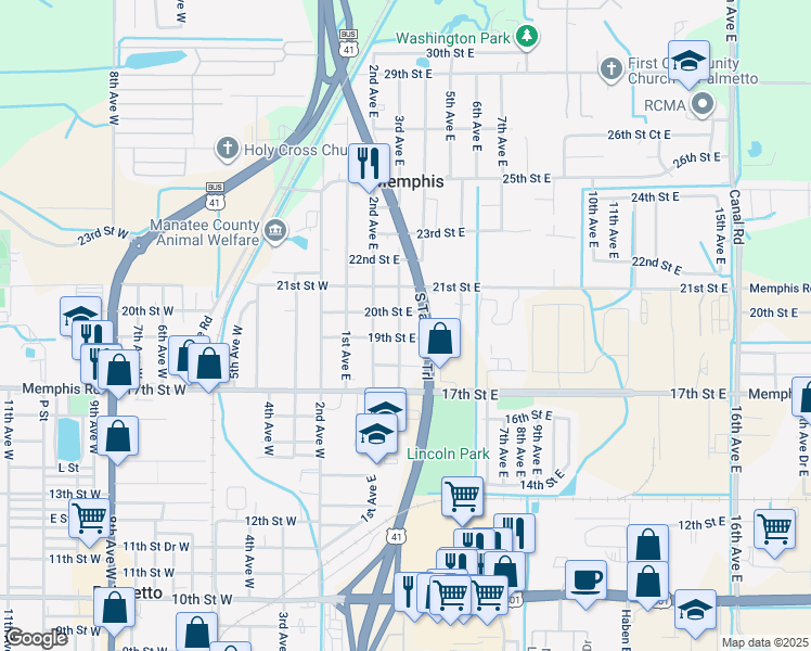 map of restaurants, bars, coffee shops, grocery stores, and more near 1918 3rd Avenue East in Palmetto