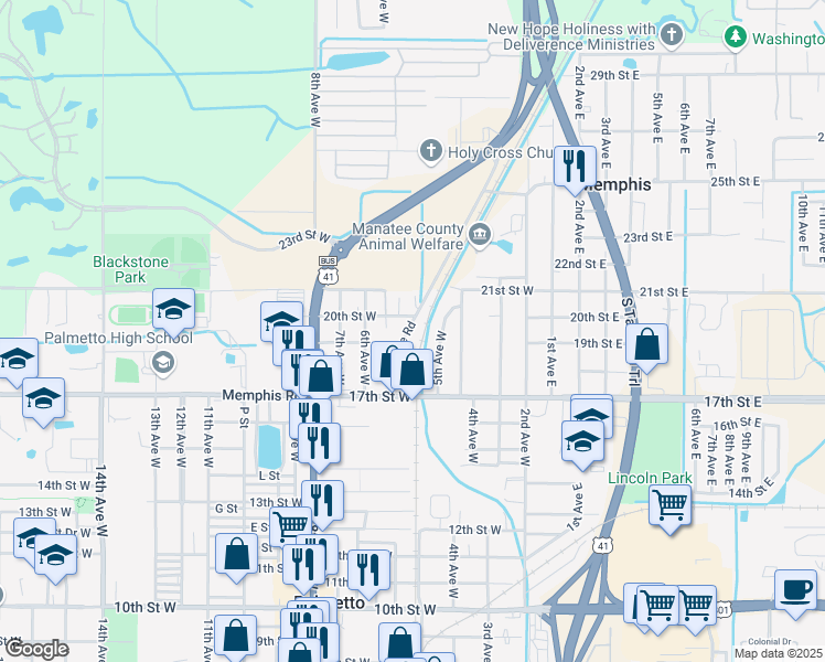 map of restaurants, bars, coffee shops, grocery stores, and more near 1900 Bayshore Road in Palmetto