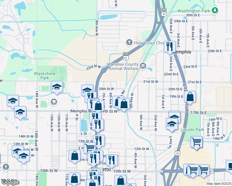 map of restaurants, bars, coffee shops, grocery stores, and more near 1908 6th Avenue West in Palmetto