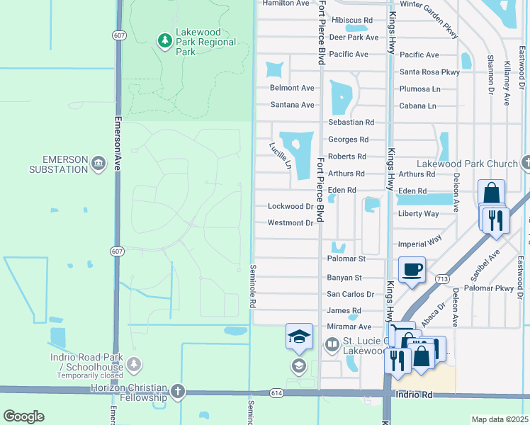 map of restaurants, bars, coffee shops, grocery stores, and more near 8003 Lockwood Drive in Fort Pierce