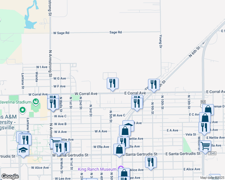 map of restaurants, bars, coffee shops, grocery stores, and more near 150 West Corral Avenue in Kingsville