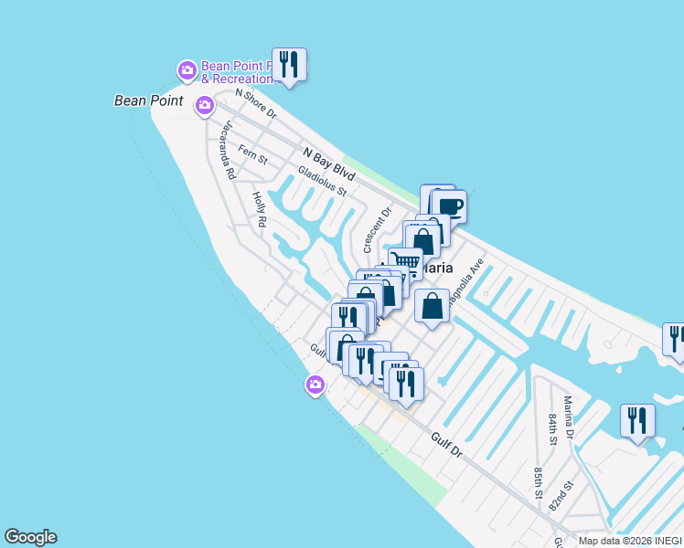 map of restaurants, bars, coffee shops, grocery stores, and more near 122 Hammock Road in Anna Maria