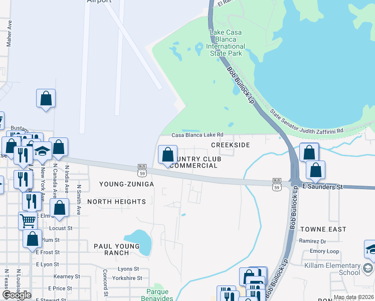 map of restaurants, bars, coffee shops, grocery stores, and more near 102 Country Club Court in Laredo