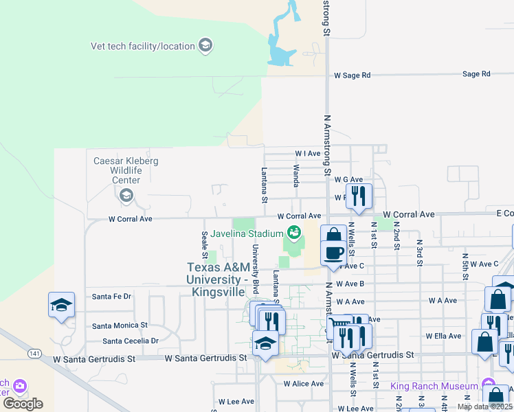 map of restaurants, bars, coffee shops, grocery stores, and more near 17-32 Lantana Street in Kingsville