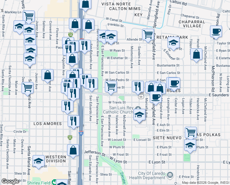 map of restaurants, bars, coffee shops, grocery stores, and more near 302 West Saunders Street in Laredo
