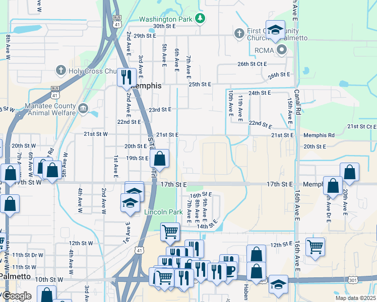 map of restaurants, bars, coffee shops, grocery stores, and more near 719 20th Lane East in Palmetto