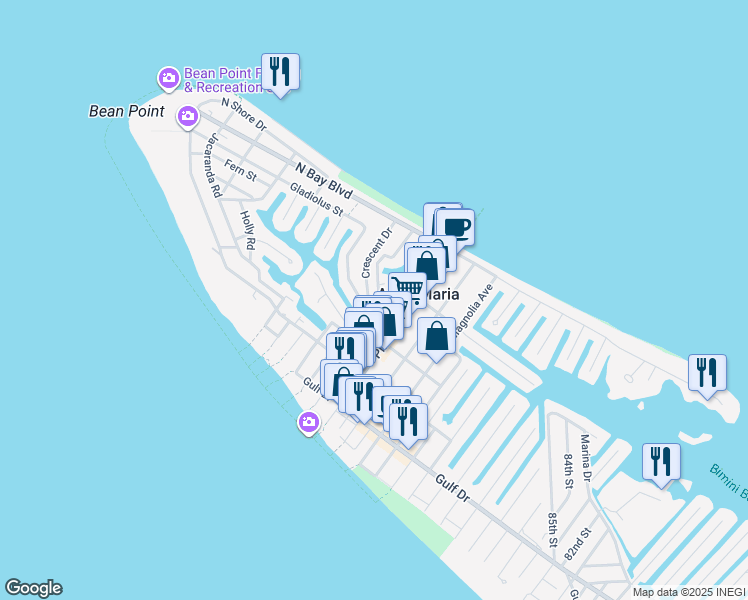 map of restaurants, bars, coffee shops, grocery stores, and more near 130 Crescent Avenue in Anna Maria