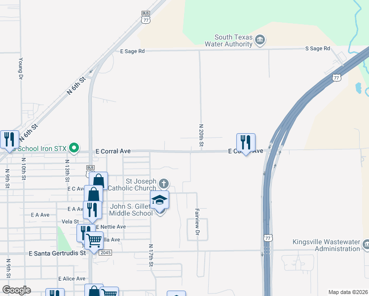 map of restaurants, bars, coffee shops, grocery stores, and more near 1406 East Corral Avenue in Kingsville