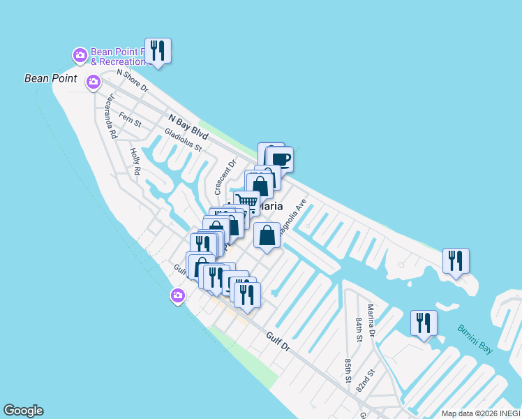 map of restaurants, bars, coffee shops, grocery stores, and more near 501 Pine Avenue in Anna Maria