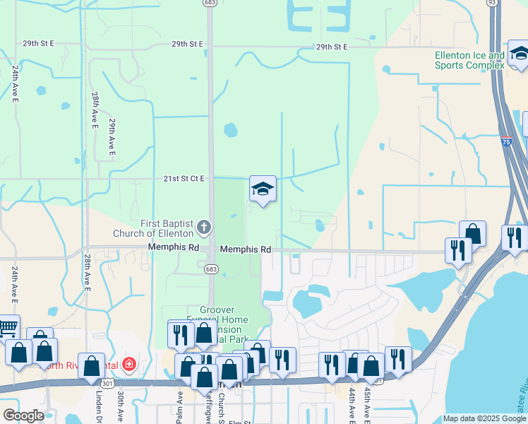 map of restaurants, bars, coffee shops, grocery stores, and more near 3904 17th Street East in Palmetto