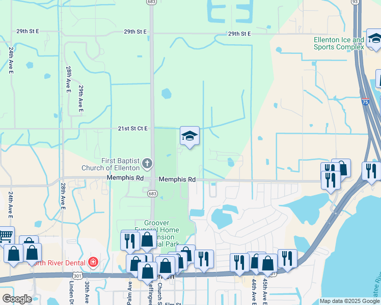 map of restaurants, bars, coffee shops, grocery stores, and more near 3904 17th Street East in Palmetto