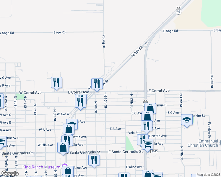 map of restaurants, bars, coffee shops, grocery stores, and more near 600 East Corral Avenue in Kingsville