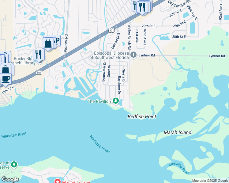 map of restaurants, bars, coffee shops, grocery stores, and more near 760 Harbor Circle in Ellenton