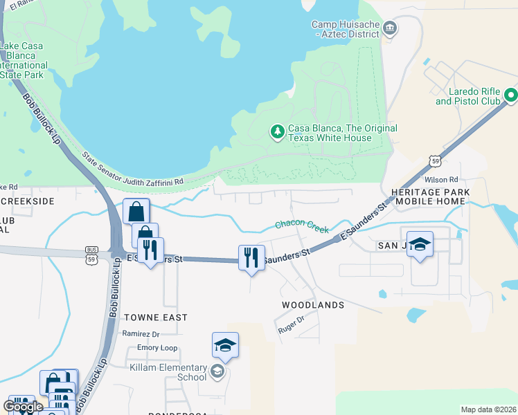 map of restaurants, bars, coffee shops, grocery stores, and more near 4717 Rocky Ledge Loop in Laredo