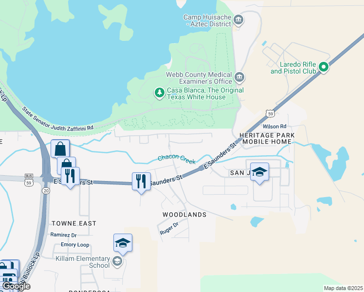 map of restaurants, bars, coffee shops, grocery stores, and more near 5509 Montevista Drive in Laredo