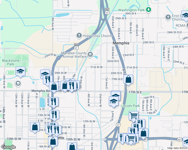 map of restaurants, bars, coffee shops, grocery stores, and more near 1917 3rd Avenue West in Palmetto