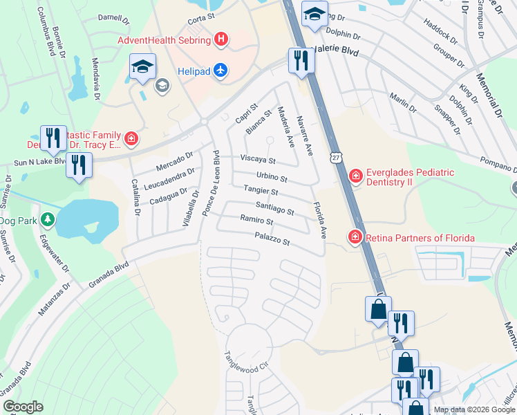 map of restaurants, bars, coffee shops, grocery stores, and more near 4015 Santiago Street in Sebring